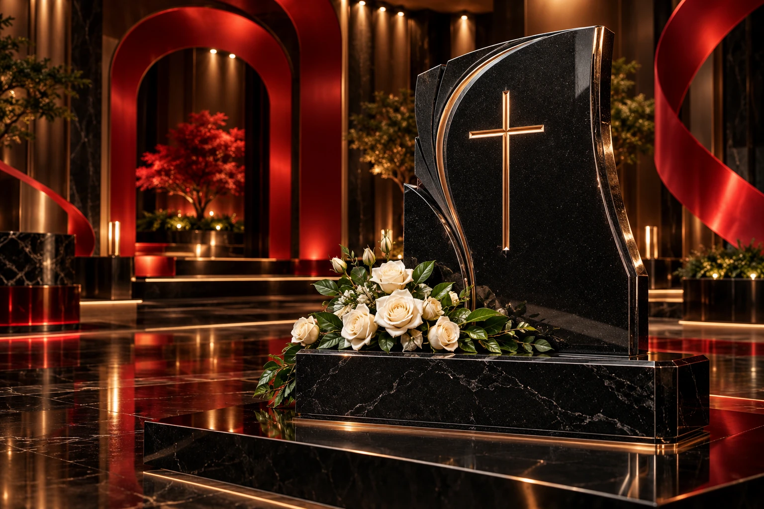 Sculptural black granite memorial with white roses, ruby architectural lighting and polished stone reflections
